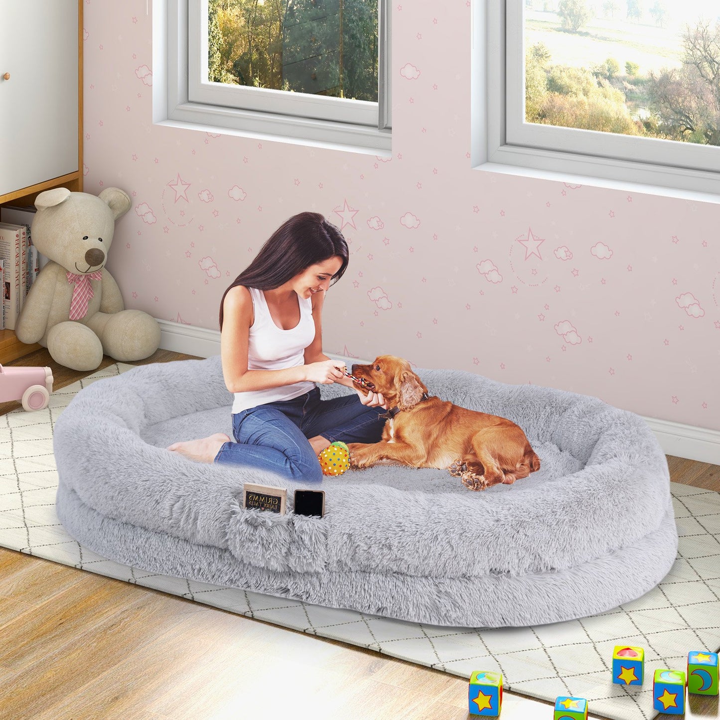 Washable Fluffy Human Dog Bed with Soft Blanket and Plump Pillow, Gray Dog Supplies   at Gallery Canada