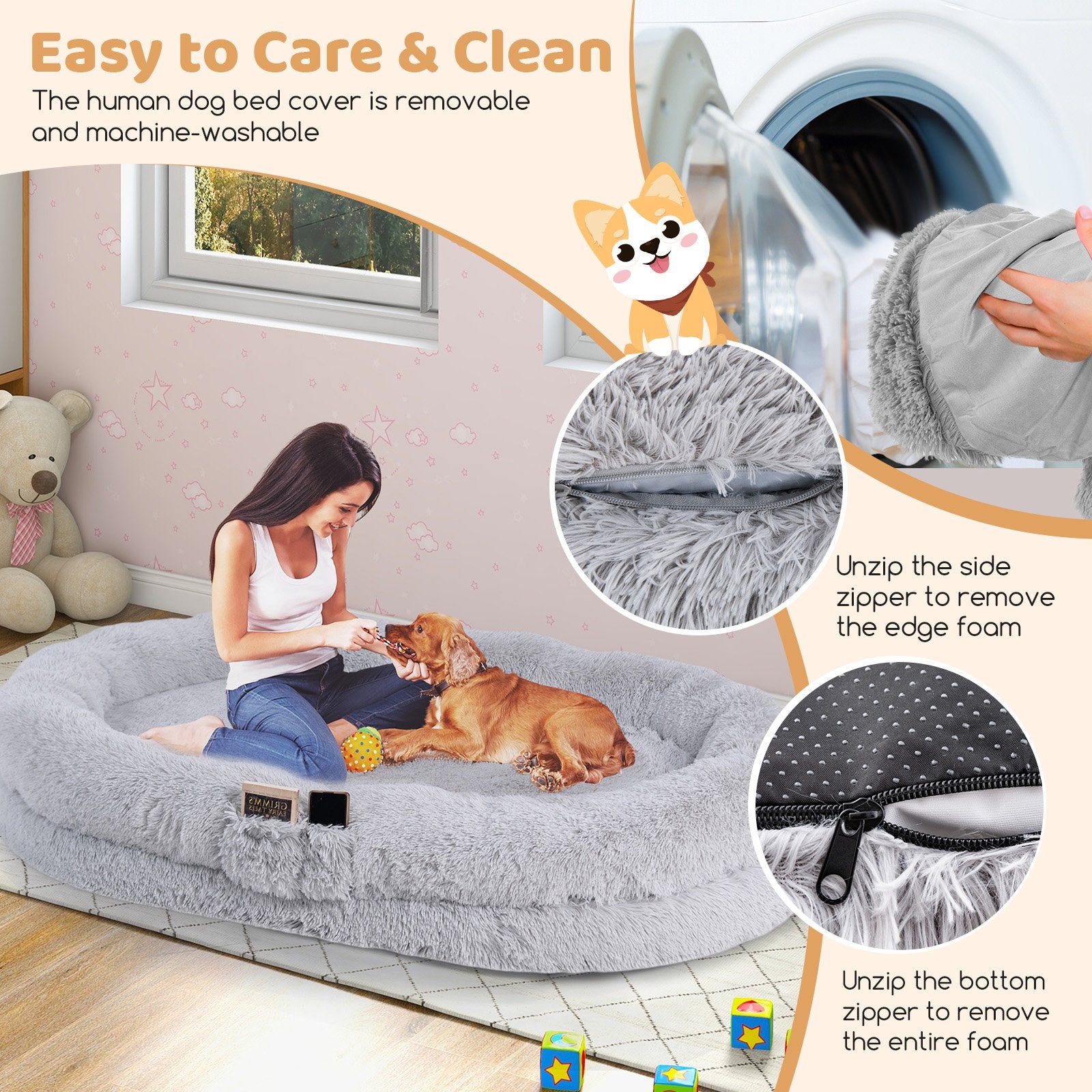 Washable Fluffy Human Dog Bed with Soft Blanket and Plump Pillow, Gray Dog Supplies   at Gallery Canada