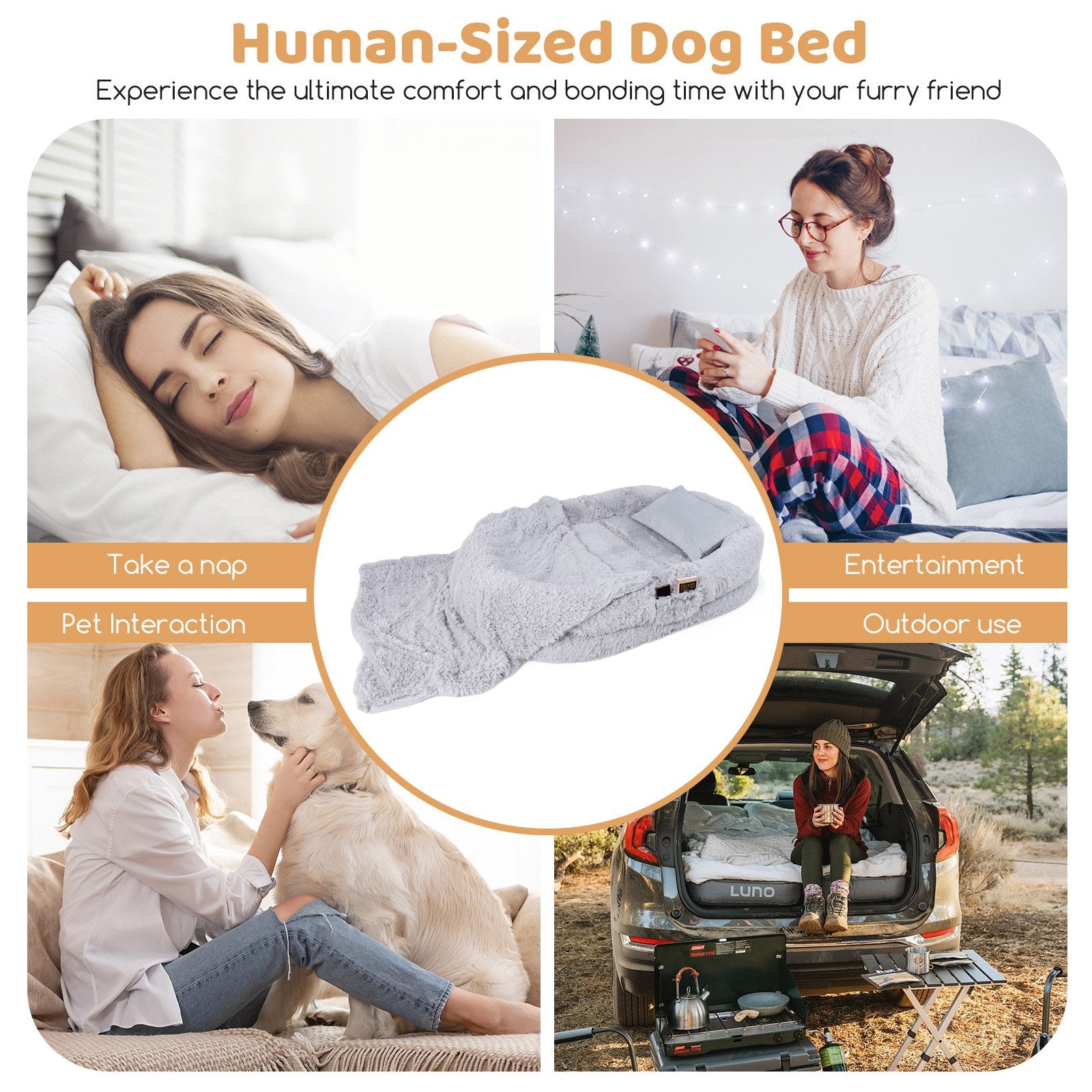 Washable Fluffy Human Dog Bed with Soft Blanket and Plump Pillow, Gray Dog Supplies   at Gallery Canada