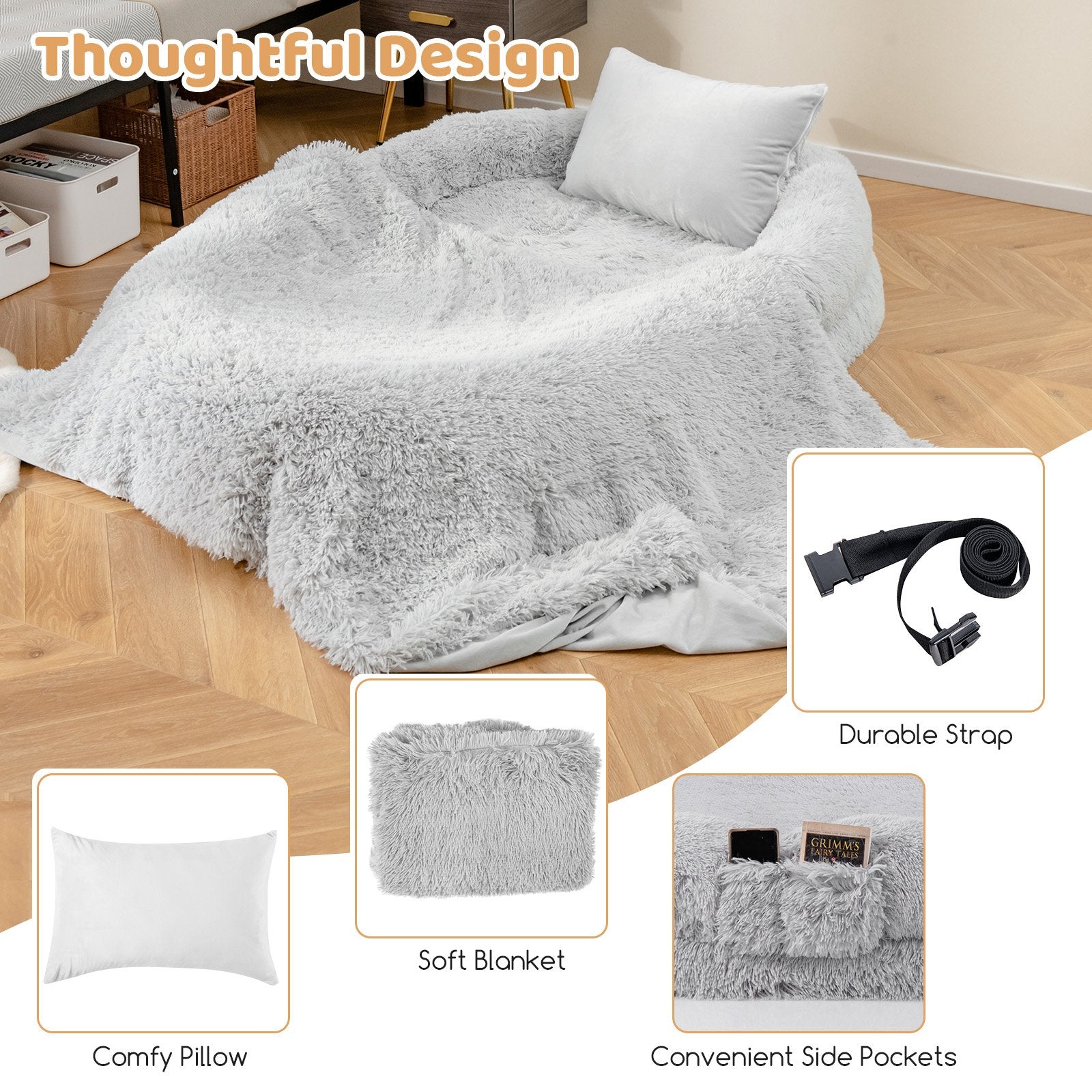 Washable Fluffy Human Dog Bed with Soft Blanket and Plump Pillow, Gray Dog Supplies   at Gallery Canada