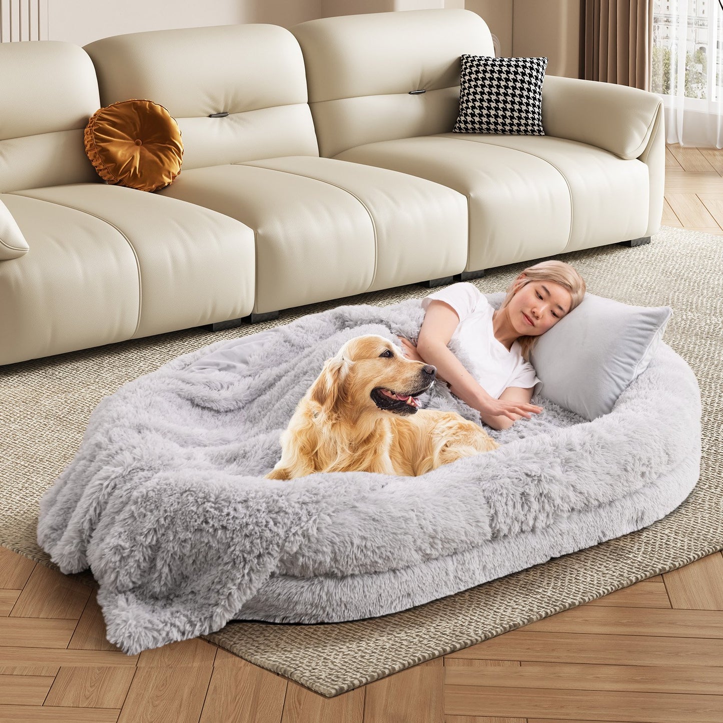 Washable Fluffy Human Dog Bed with Soft Blanket and Plump Pillow, Gray Dog Supplies   at Gallery Canada