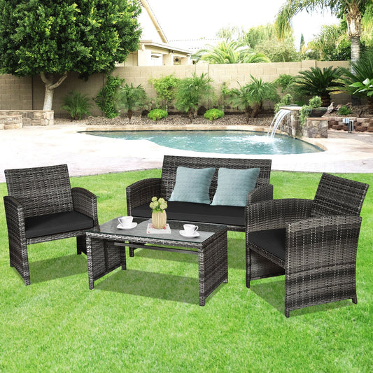 4 Pieces Patio Rattan Furniture Set with Glass Table and Loveseat, Black Patio Conversation Sets   at Gallery Canada