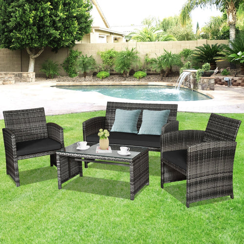 4 Pieces Patio Rattan Furniture Set with Glass Table and Loveseat, Black