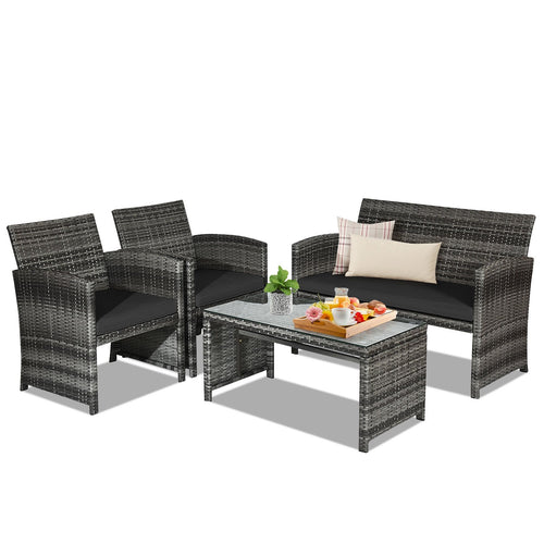 4 Pieces Patio Rattan Furniture Set with Glass Table and Loveseat, Black