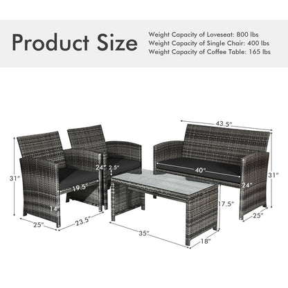 4 Pieces Patio Rattan Furniture Set with Glass Table and Loveseat, Black Patio Conversation Sets   at Gallery Canada