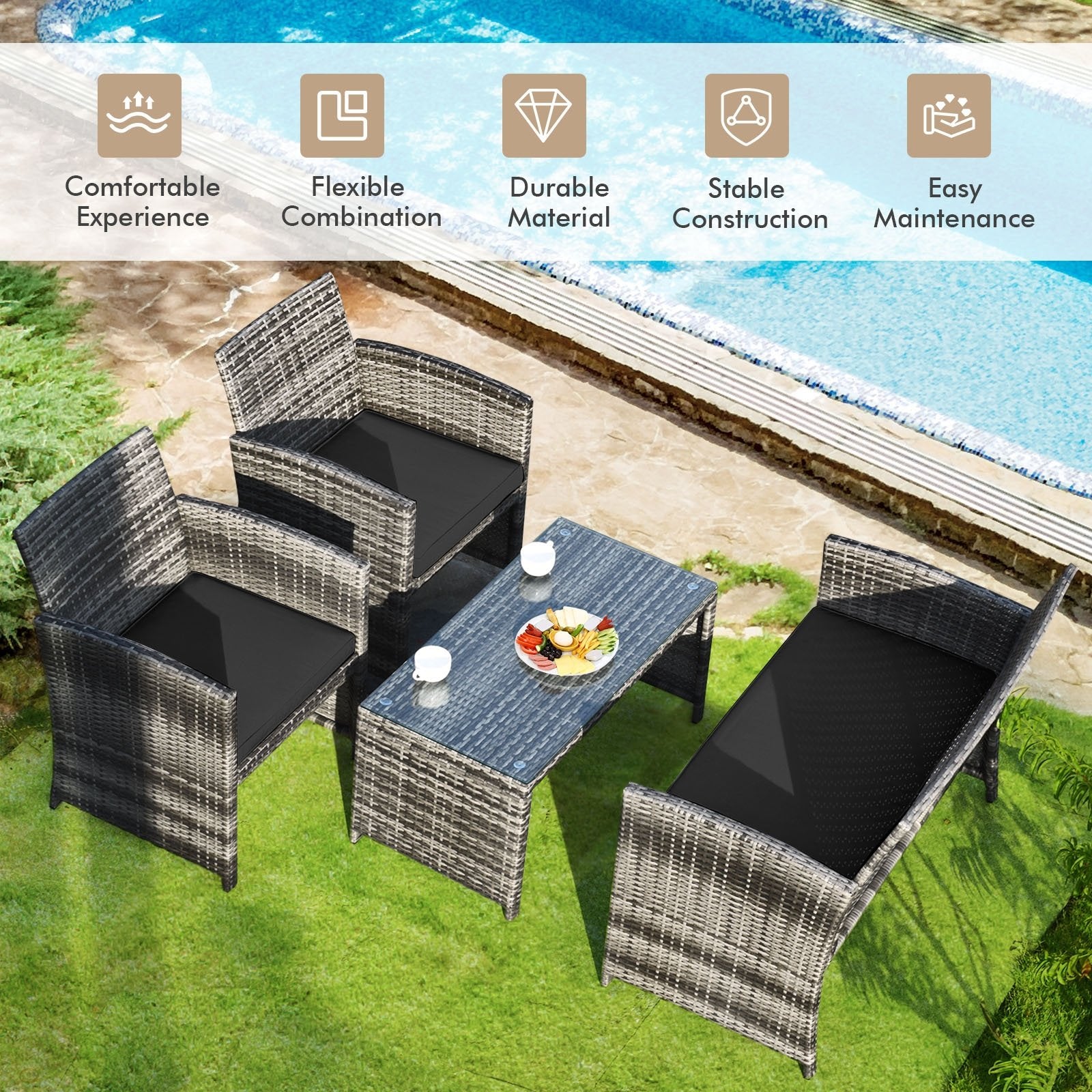 4 Pieces Patio Rattan Furniture Set with Glass Table and Loveseat, Black Patio Conversation Sets   at Gallery Canada