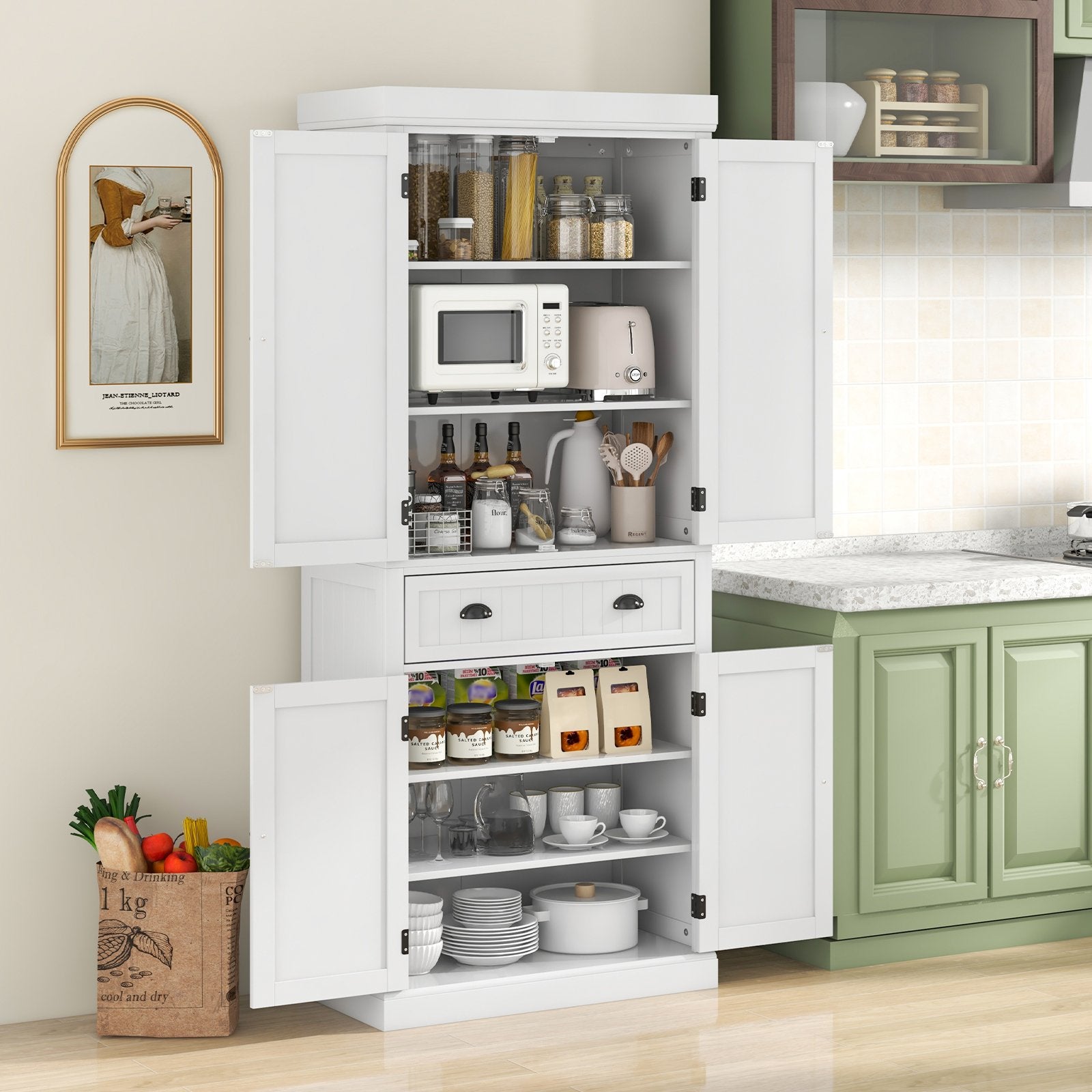 Kitchen Pantry Storage Cabinet with Doors Drawer and Adjustable Shelves, White Armoires & Wardrobes   at Gallery Canada