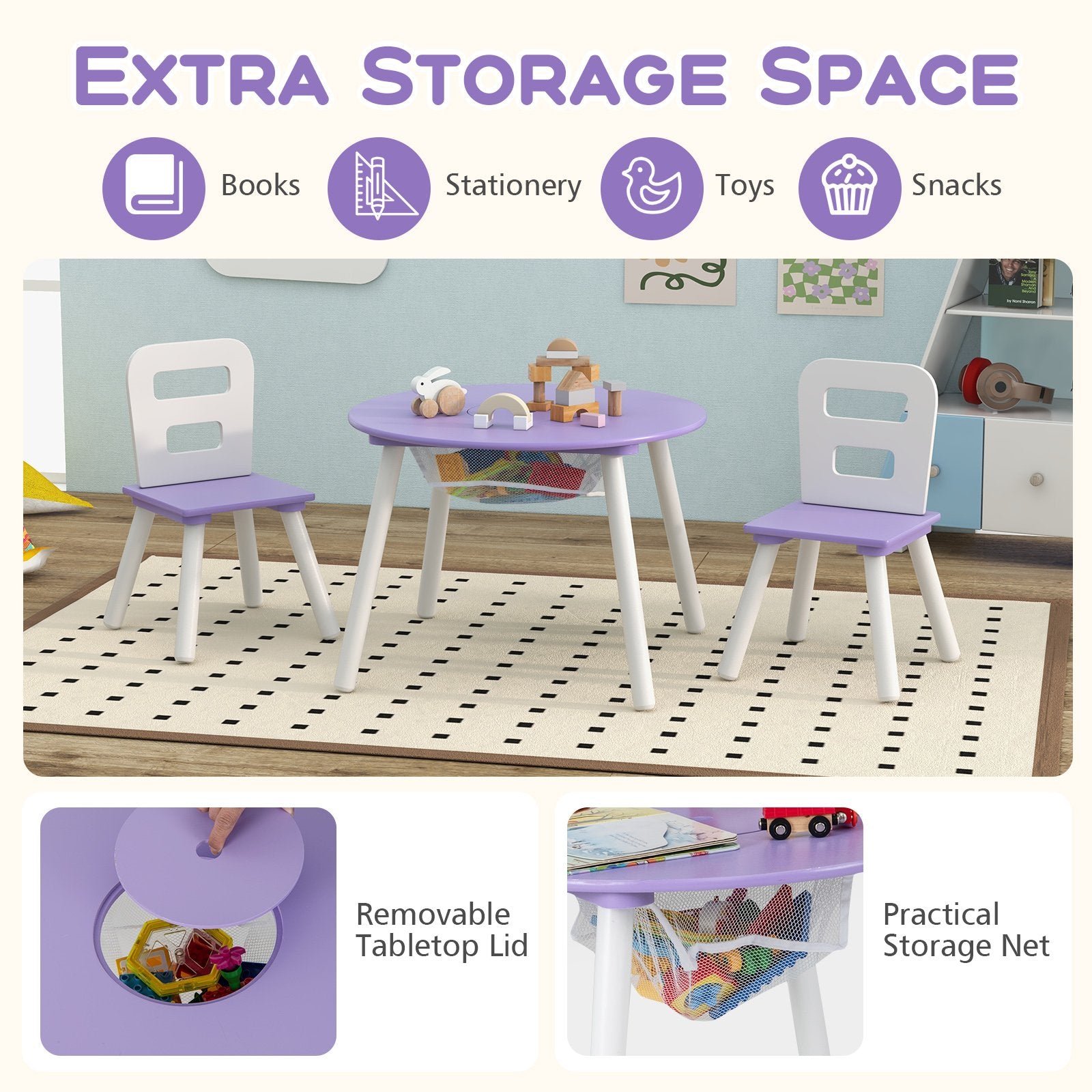 Wood Activity Kids Table and Chair Set with Center Mesh Storage, Purple Kids Table & Chair Sets   at Gallery Canada