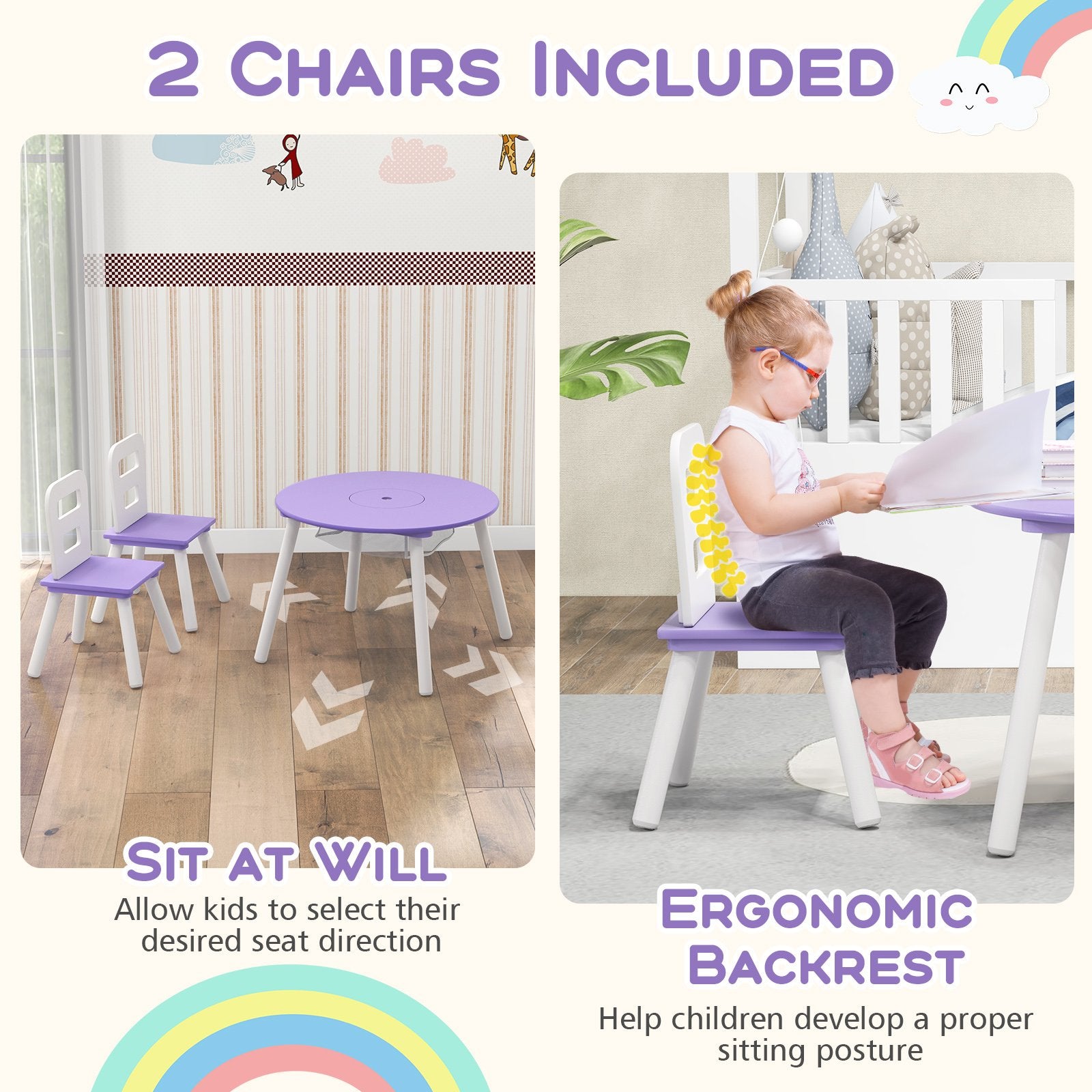 Wood Activity Kids Table and Chair Set with Center Mesh Storage, Purple Kids Table & Chair Sets   at Gallery Canada