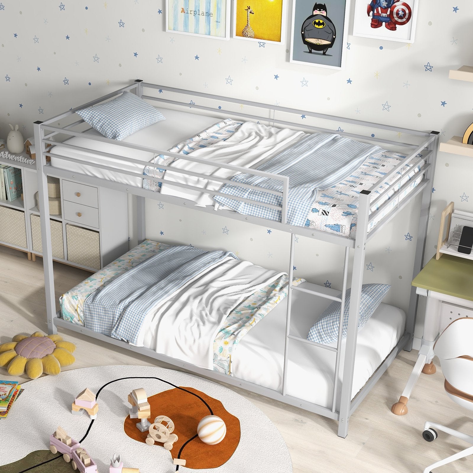 Low Profile Twin Over Twin Metal Bunk Bed with Full-length Guardrails, Silver Bunk Bed Frame   at Gallery Canada