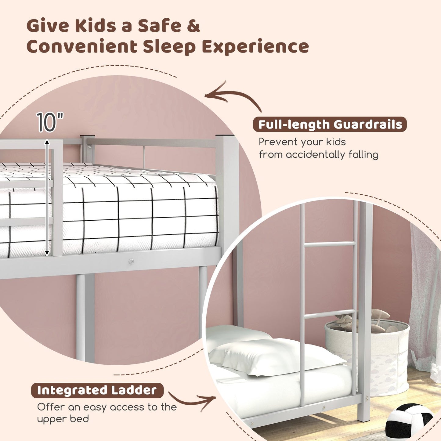 Low Profile Twin Over Twin Metal Bunk Bed with Full-length Guardrails, Silver - Gallery Canada