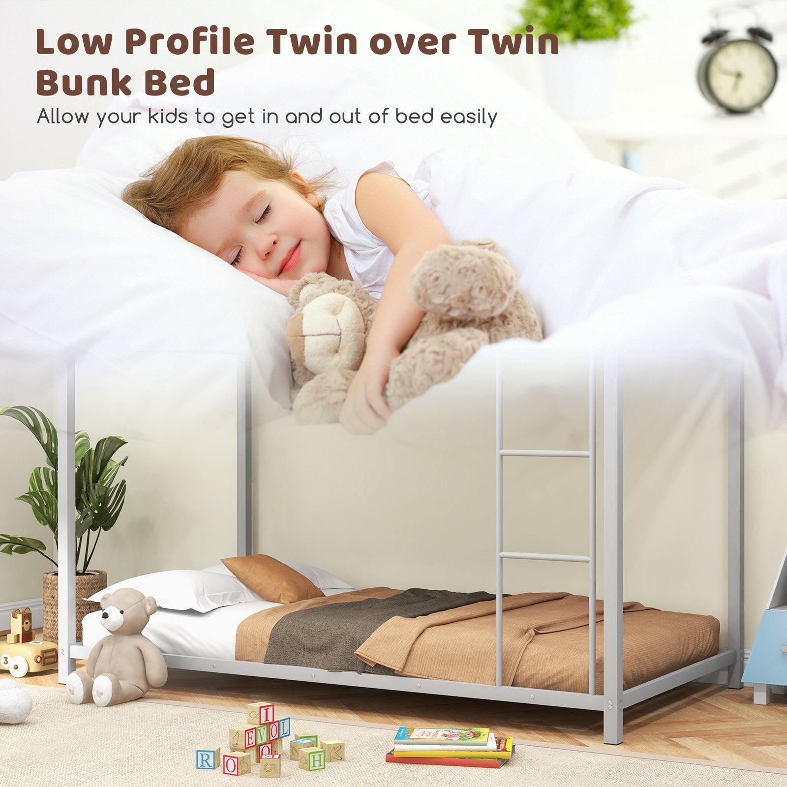 Low Profile Twin Over Twin Metal Bunk Bed with Full-length Guardrails, Silver Bunk Bed Frame   at Gallery Canada