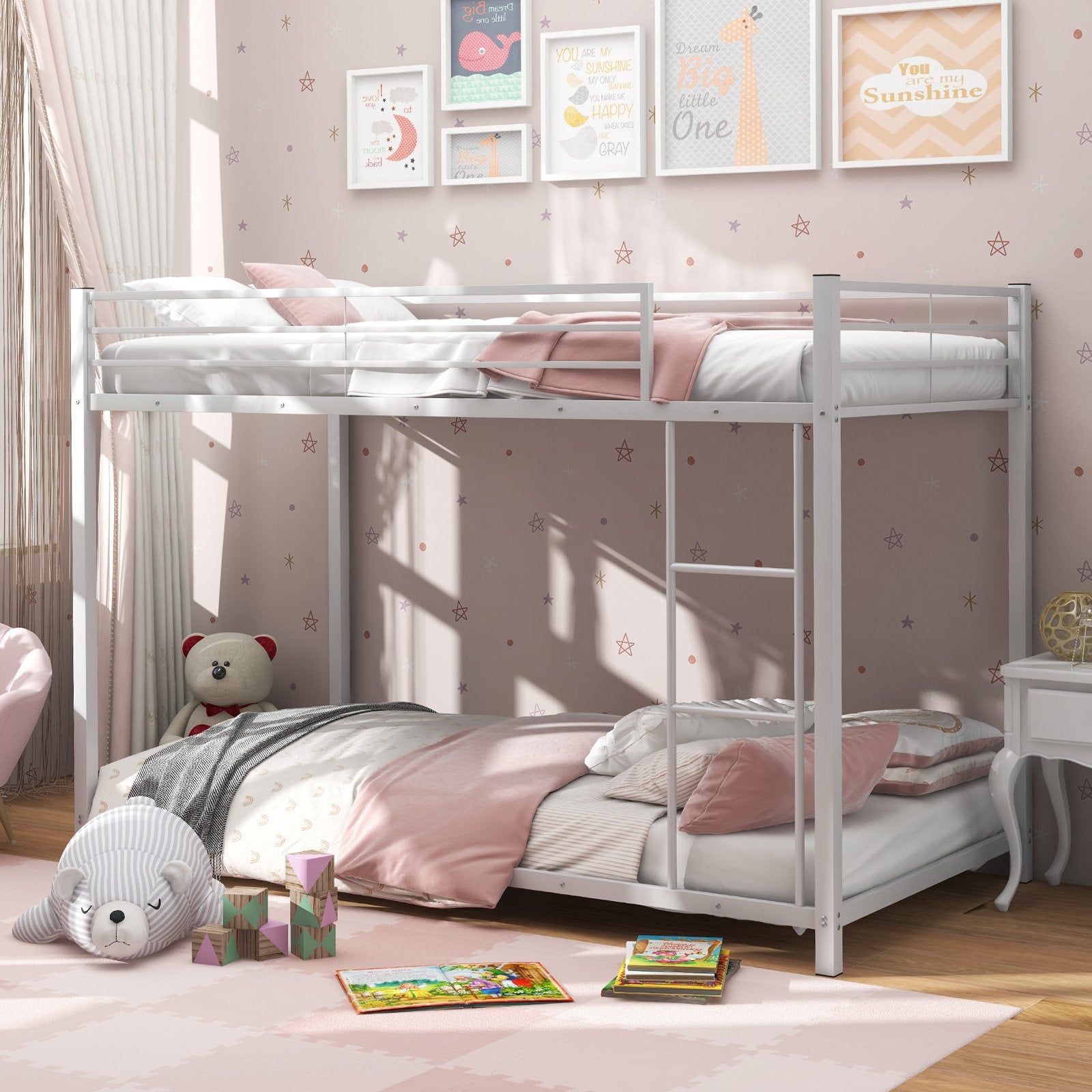 Low Profile Twin Over Twin Metal Bunk Bed with Full-length Guardrails, White Bunk Bed Frame   at Gallery Canada