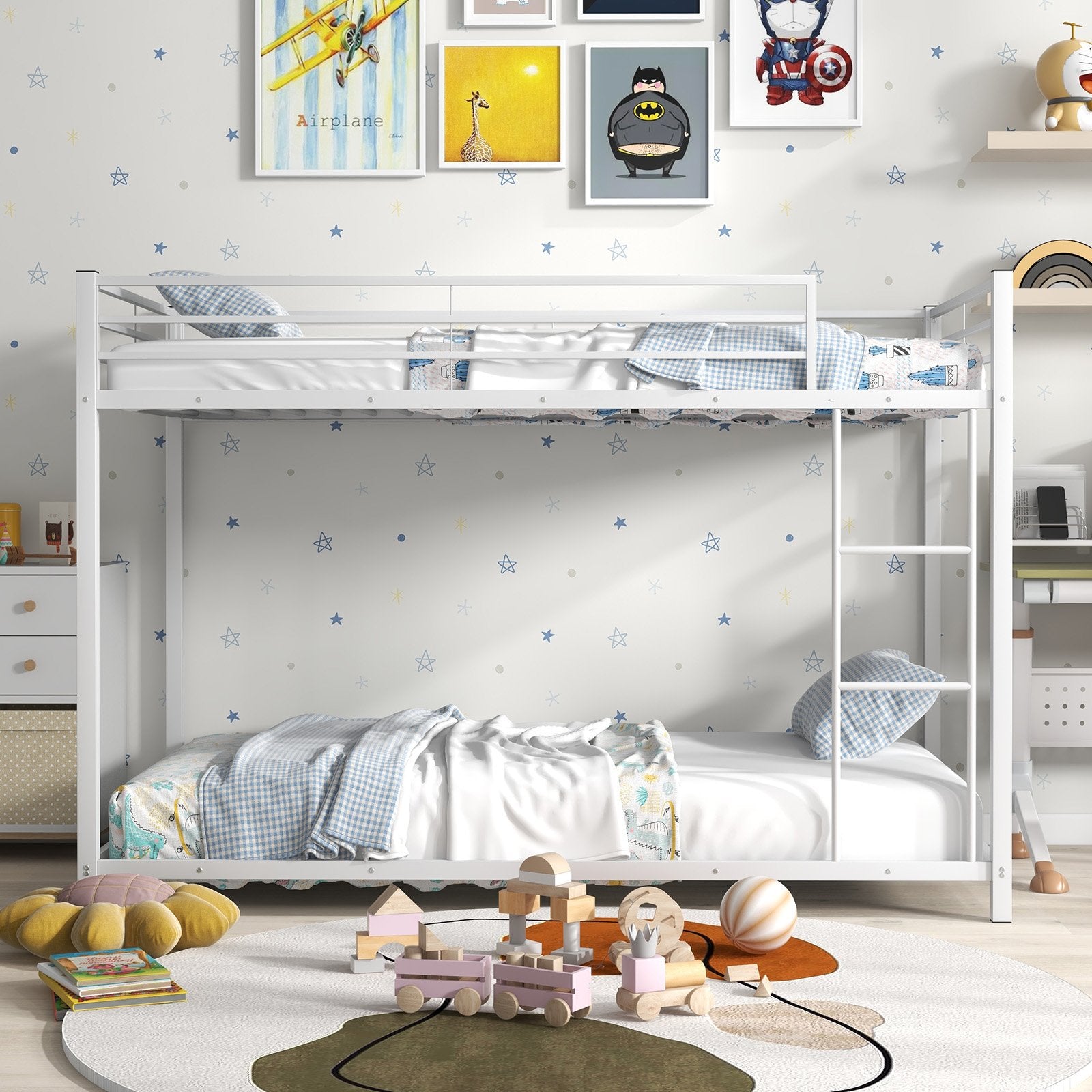 Low Profile Twin Over Twin Metal Bunk Bed with Full-length Guardrails, White Bunk Bed Frame   at Gallery Canada