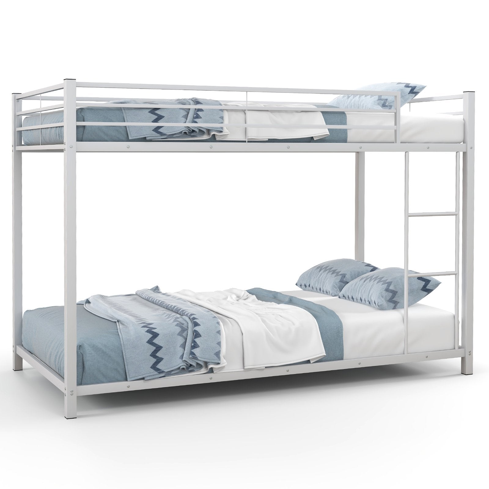 Low Profile Twin Over Twin Metal Bunk Bed with Full-length Guardrails, White Bunk Bed Frame   at Gallery Canada