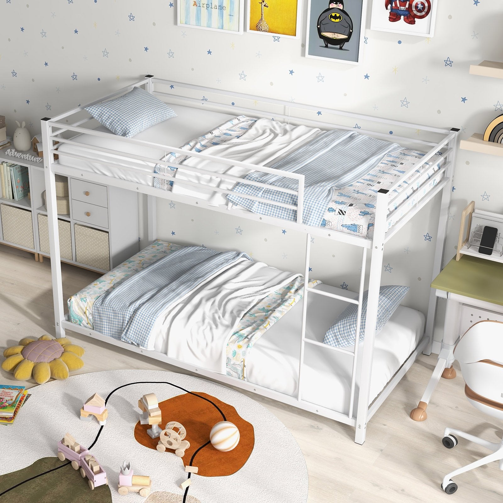 Low Profile Twin Over Twin Metal Bunk Bed with Full-length Guardrails, White Bunk Bed Frame   at Gallery Canada