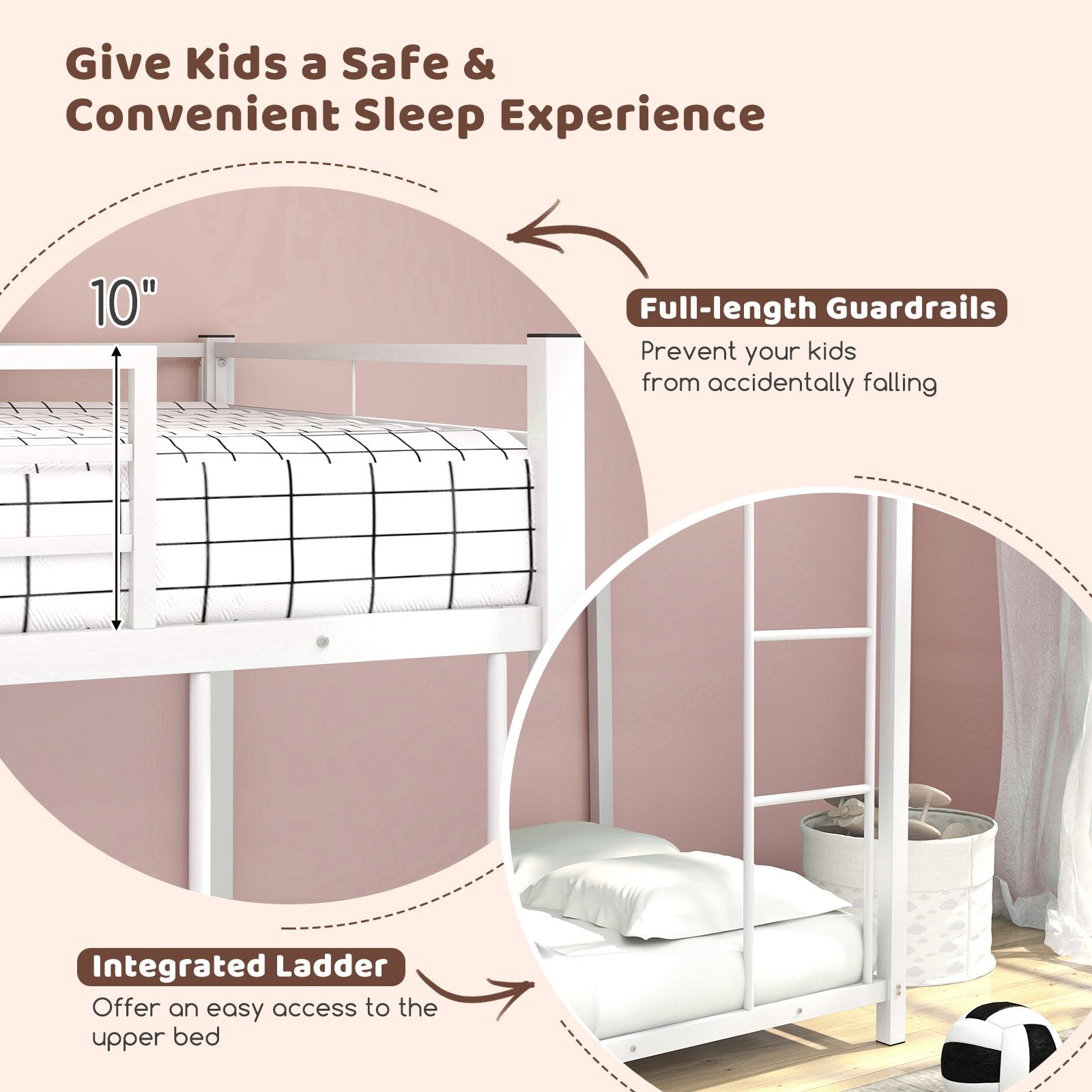 Low Profile Twin Over Twin Metal Bunk Bed with Full-length Guardrails, White Bunk Bed Frame   at Gallery Canada