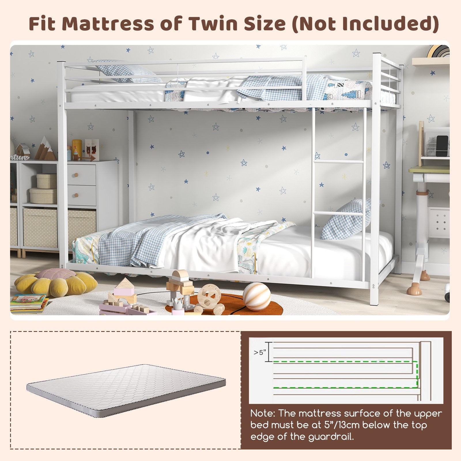 Low Profile Twin Over Twin Metal Bunk Bed with Full-length Guardrails, White Bunk Bed Frame   at Gallery Canada