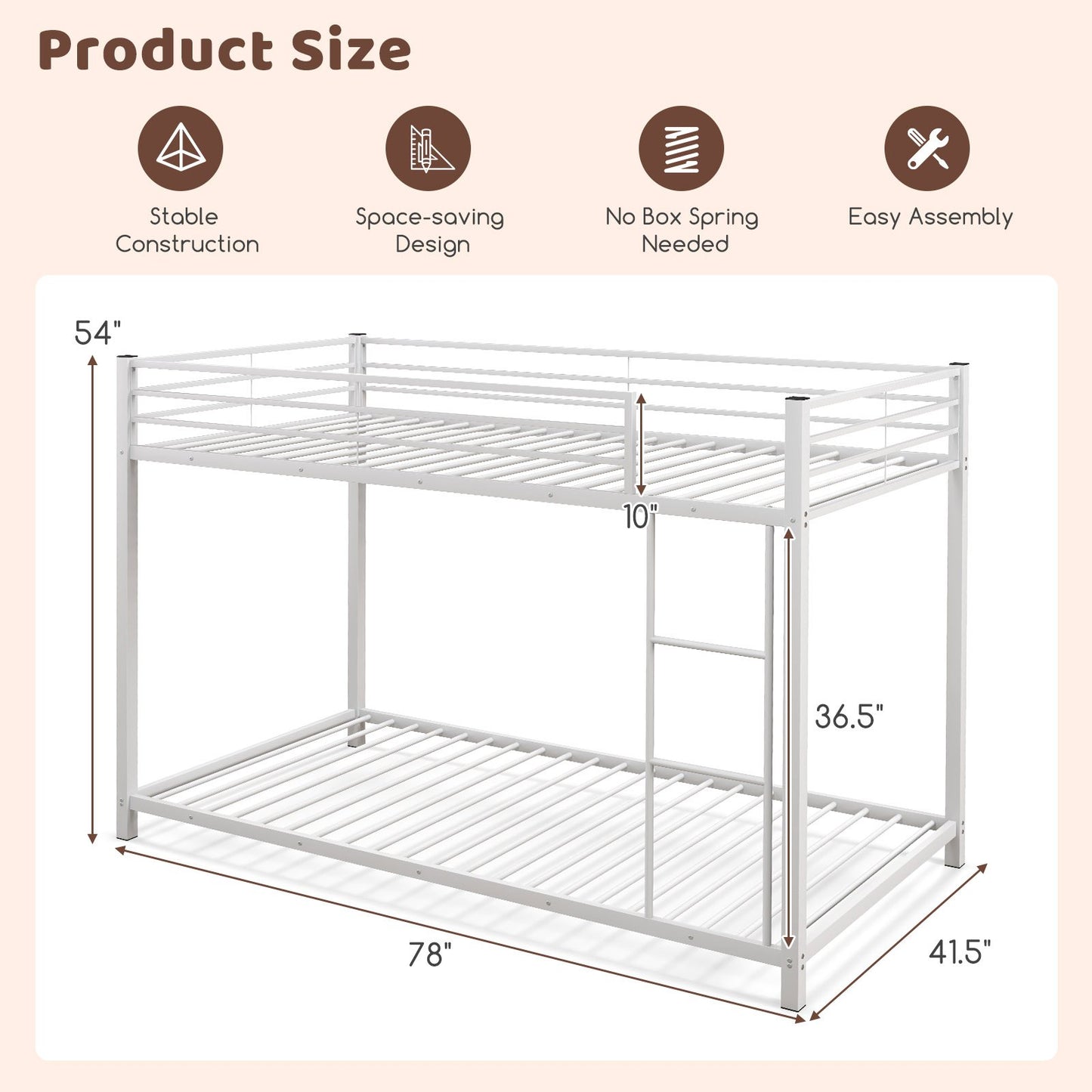 Low Profile Twin Over Twin Metal Bunk Bed with Full-length Guardrails, White - Gallery Canada