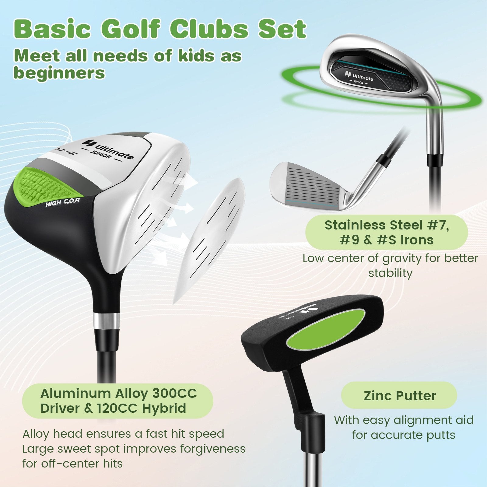 Junior Complete Golf Club Set with Stand Bag Rain Hood, Green Golf   at Gallery Canada