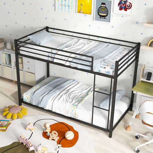 Low Profile Twin Over Twin Metal Bunk Bed with Full-length Guardrails, Black