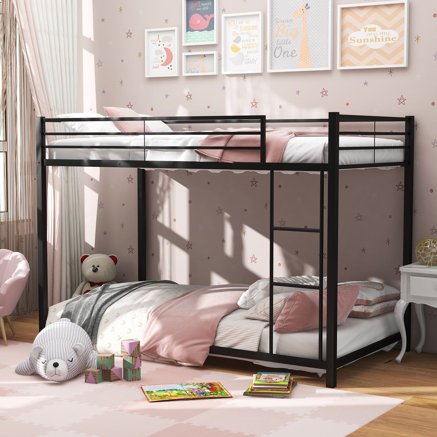 Low Profile Twin Over Twin Metal Bunk Bed with Full-length Guardrails, Black Bunk Bed Frame   at Gallery Canada