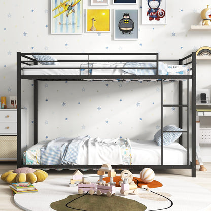 Low Profile Twin Over Twin Metal Bunk Bed with Full-length Guardrails, Black - Gallery Canada