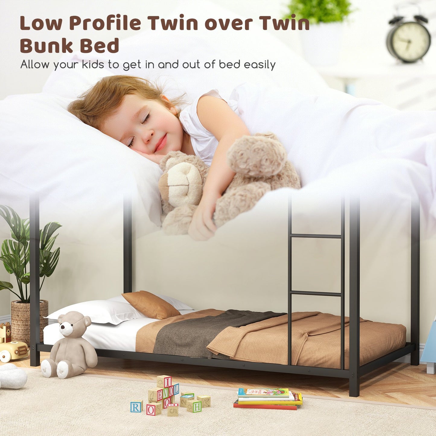 Low Profile Twin Over Twin Metal Bunk Bed with Full-length Guardrails, Black Bunk Bed Frame   at Gallery Canada