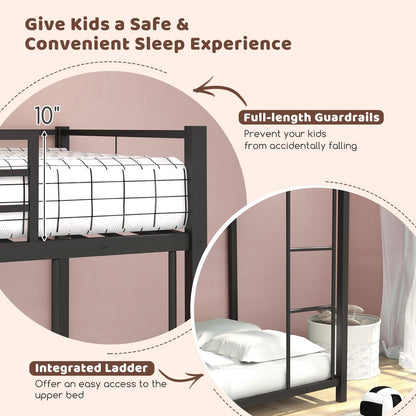 Low Profile Twin Over Twin Metal Bunk Bed with Full-length Guardrails, Black Bunk Bed Frame   at Gallery Canada