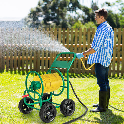 Garden Water Hose Reel Cart with 4 Wheels and Non-slip Grip, Green
