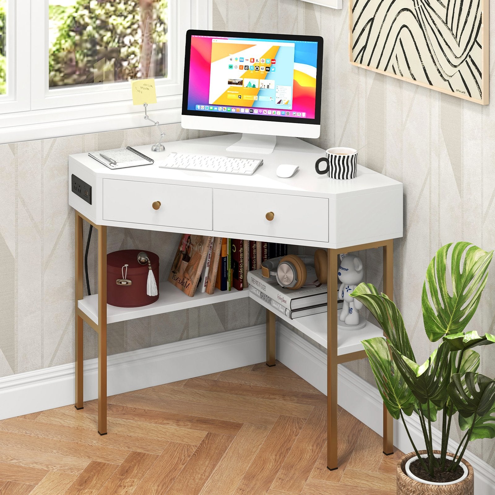 Space Saving Corner Computer Desk with 2 Large Drawers and Storage Shelf, White Corner Desks   at Gallery Canada