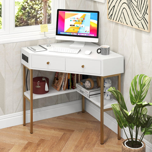 Space Saving Corner Computer Desk with 2 Large Drawers and Storage Shelf, White