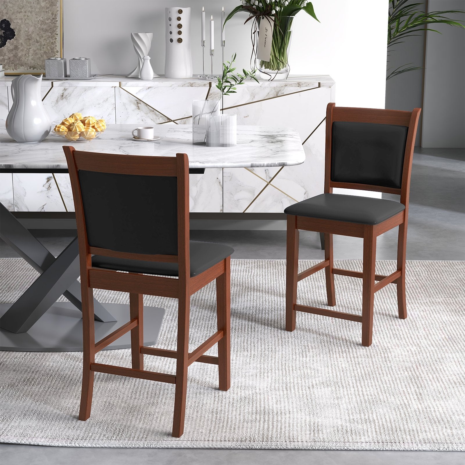 Upholstered Counter Stool Set of 2 with Solid Rubber Wood Frame, Brown Bar Stools   at Gallery Canada