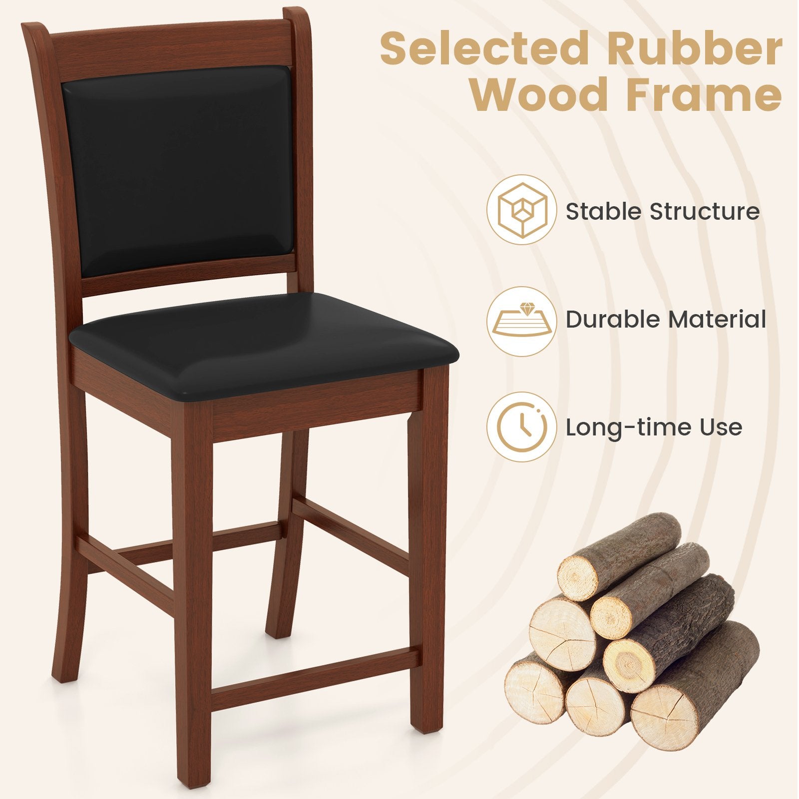 Upholstered Counter Stool Set of 2 with Solid Rubber Wood Frame, Brown Bar Stools   at Gallery Canada