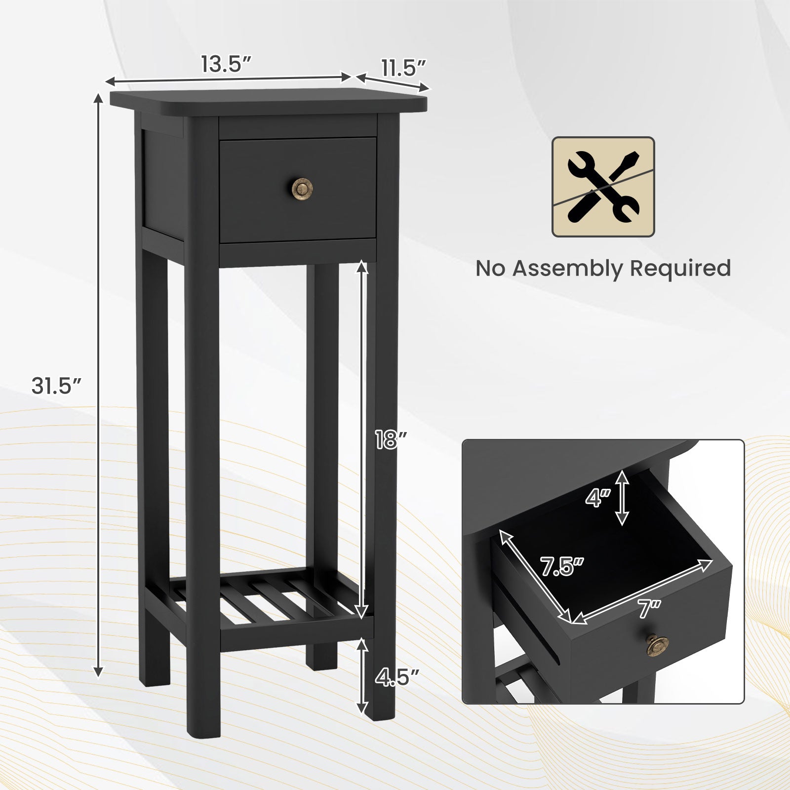 2 Tier Slim Nightstand Bedside Table with Drawer Shelf, Black Nightstands at Gallery Canada