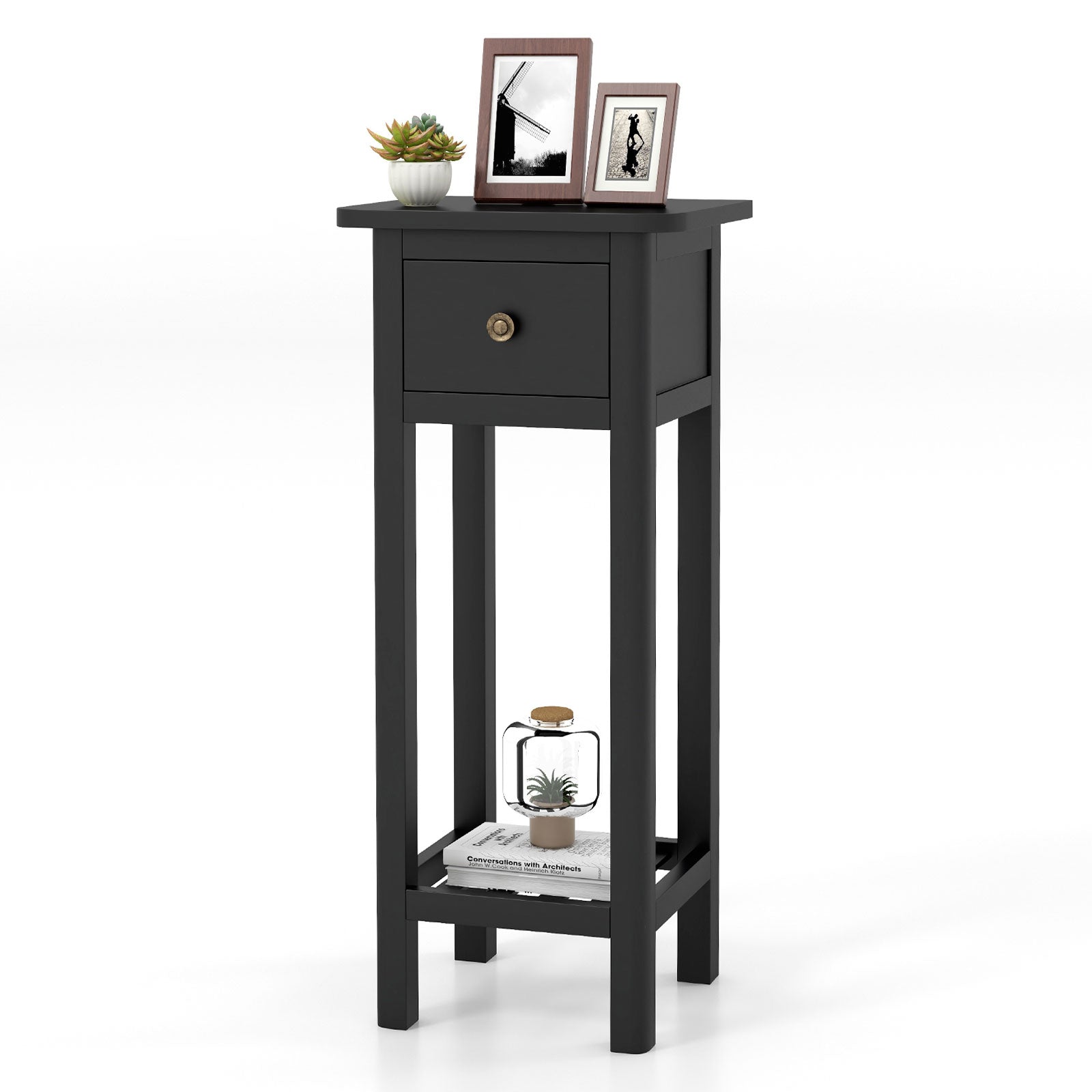 2 Tier Slim Nightstand Bedside Table with Drawer Shelf, Black Nightstands at Gallery Canada