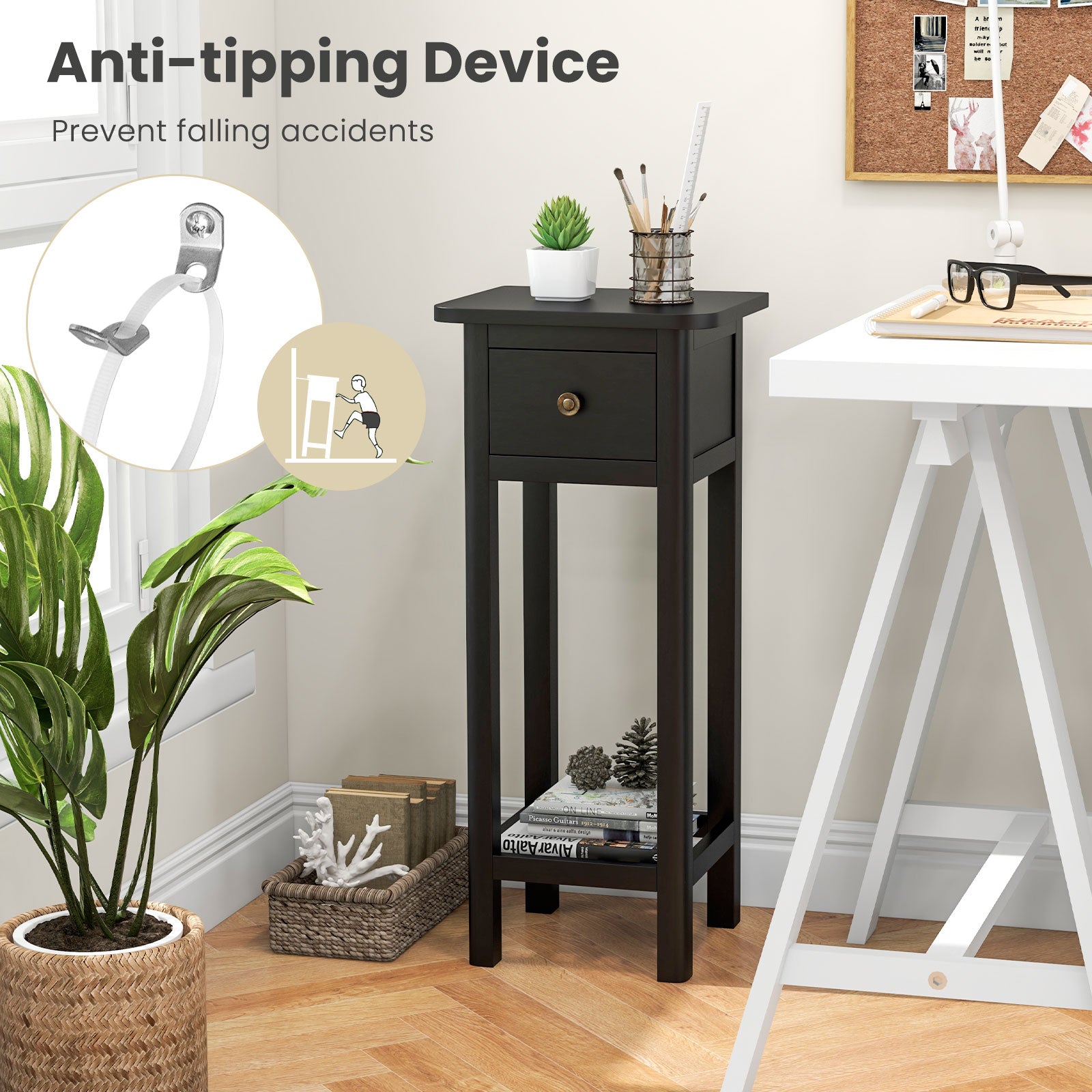 2 Tier Slim Nightstand Bedside Table with Drawer Shelf, Black Nightstands at Gallery Canada