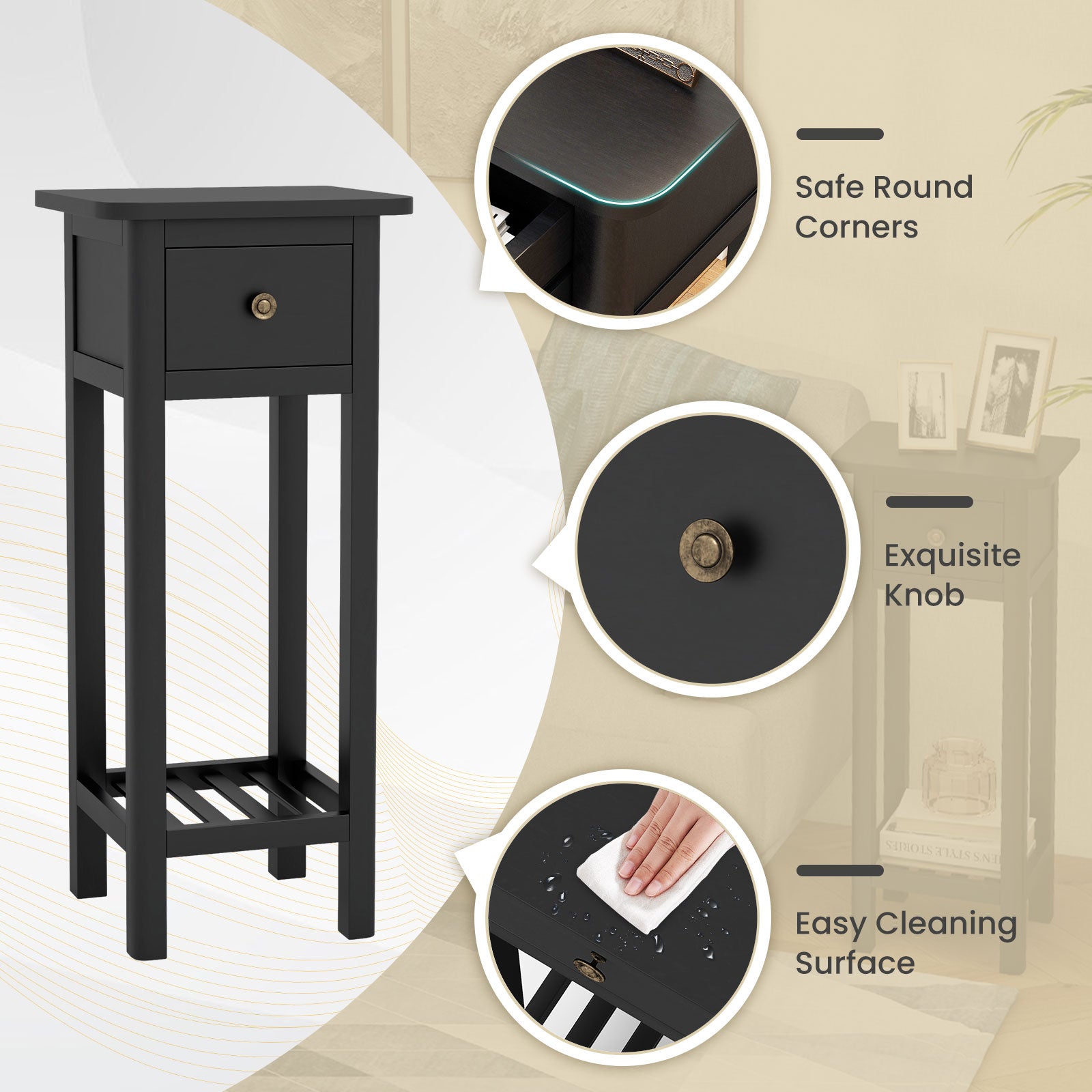 2 Tier Slim Nightstand Bedside Table with Drawer Shelf, Black Nightstands at Gallery Canada