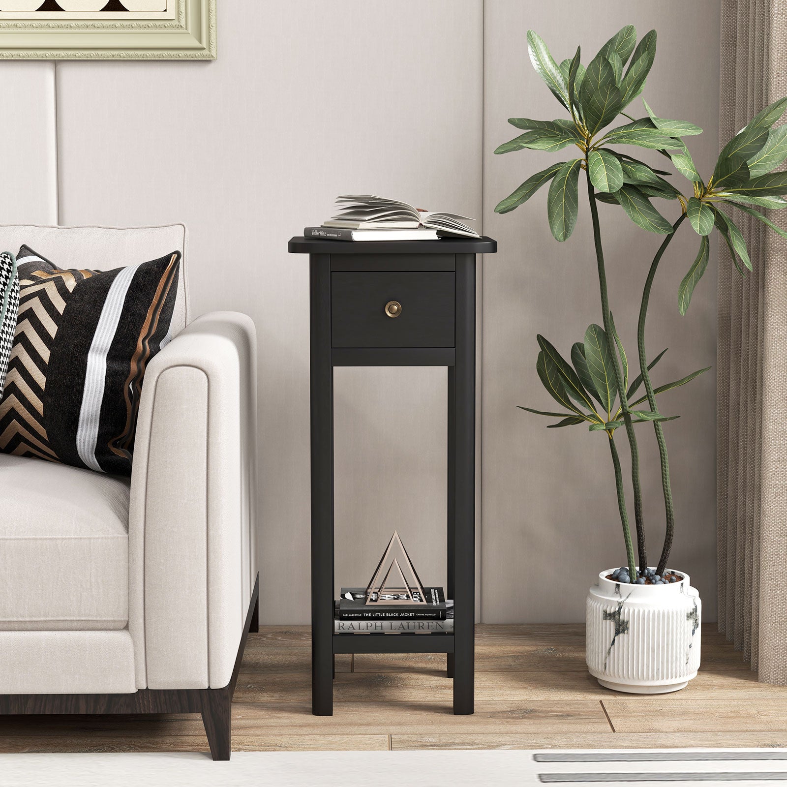 2 Tier Slim Nightstand Bedside Table with Drawer Shelf, Black Nightstands at Gallery Canada