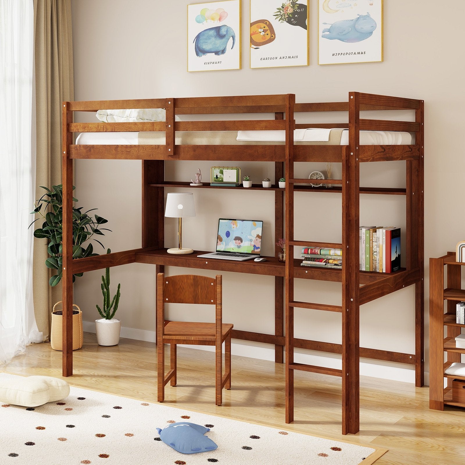 Twin Size Solid Wood Slatted Loft Bed Frame with Safety Guardrail for Kid, Brown - Gallery Canada