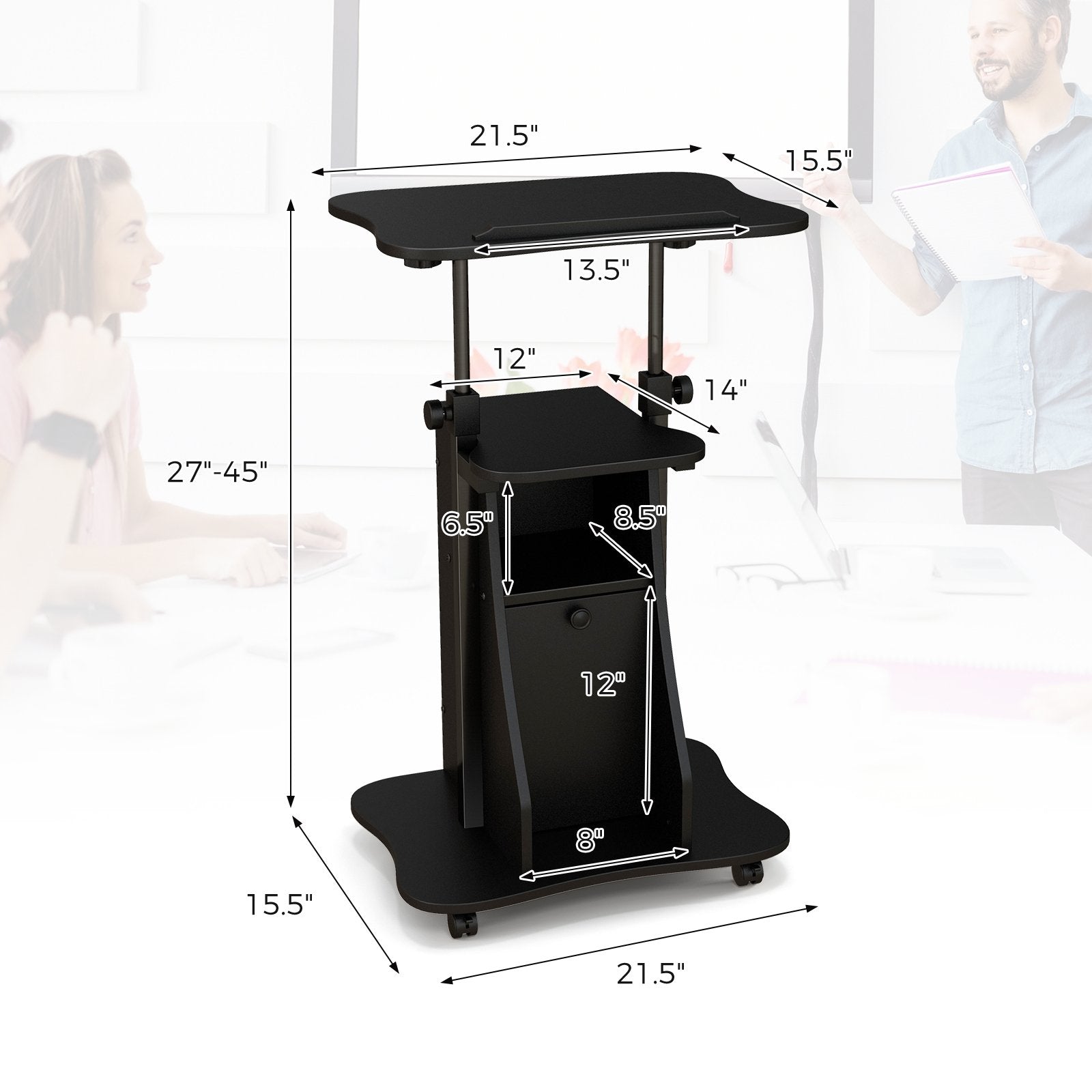 Adjustable Mobile Standing Desk Cart with Tilt Desktop and Cabinet, Black Laptop Tables & Printer Stands   at Gallery Canada