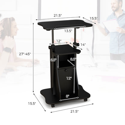 Adjustable Mobile Standing Desk Cart with Tilt Desktop and Cabinet, Black Laptop Tables & Printer Stands   at Gallery Canada