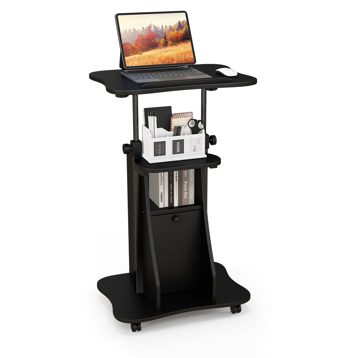 Adjustable Mobile Standing Desk Cart with Tilt Desktop and Cabinet, Black Laptop Tables & Printer Stands   at Gallery Canada