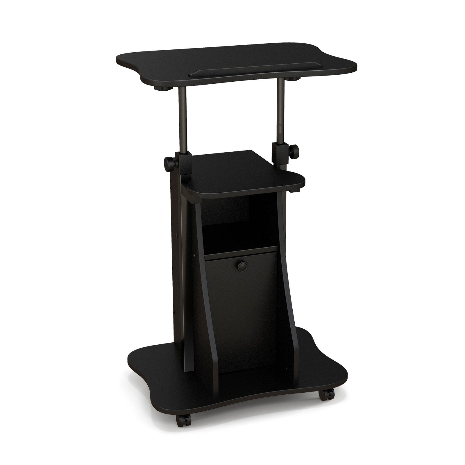 Adjustable Mobile Standing Desk Cart with Tilt Desktop and Cabinet, Black Laptop Tables & Printer Stands   at Gallery Canada