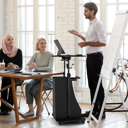 Adjustable Mobile Standing Desk Cart with Tilt Desktop and Cabinet, Black Laptop Tables & Printer Stands   at Gallery Canada