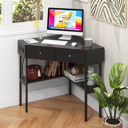 Space Saving Corner Computer Desk with 2 Large Drawers and Storage Shelf, Black - Gallery Canada