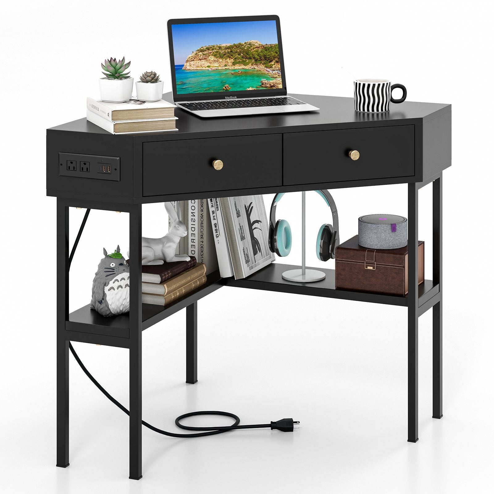 Space Saving Corner Computer Desk with 2 Large Drawers and Storage Shelf, Black - Gallery Canada
