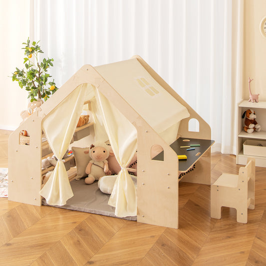 6-in-1 Kids Play Tent Playhouse with Blackboard 6 Storage Bins and Floor Cushion, Beige Play Tents & Playhouse Beige  at Gallery Canada