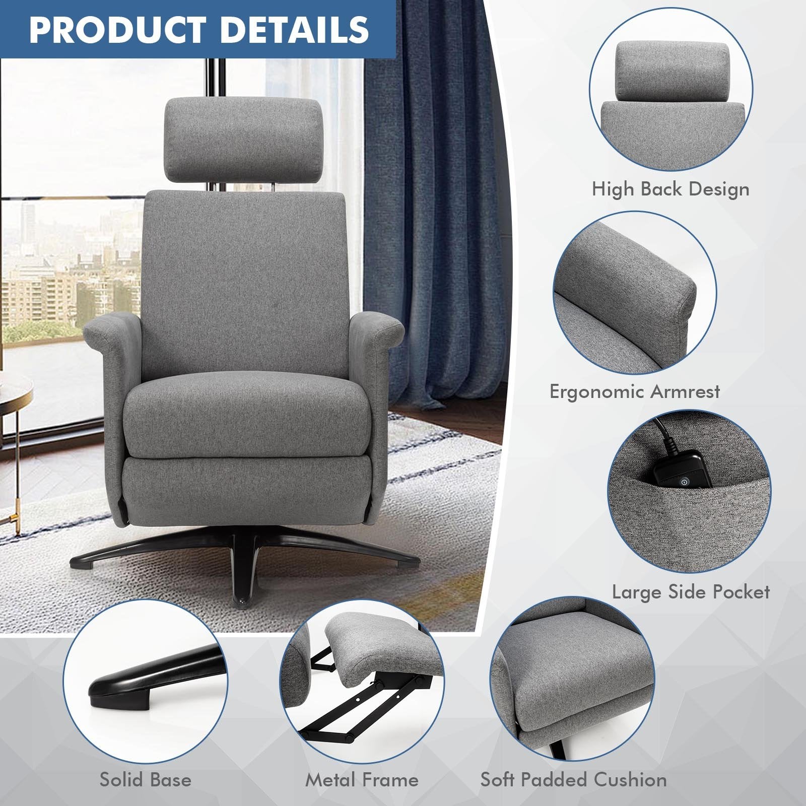 Swivel Massage Recliner Single Sofa with Adjustable Headrest, Gray Recliners   at Gallery Canada