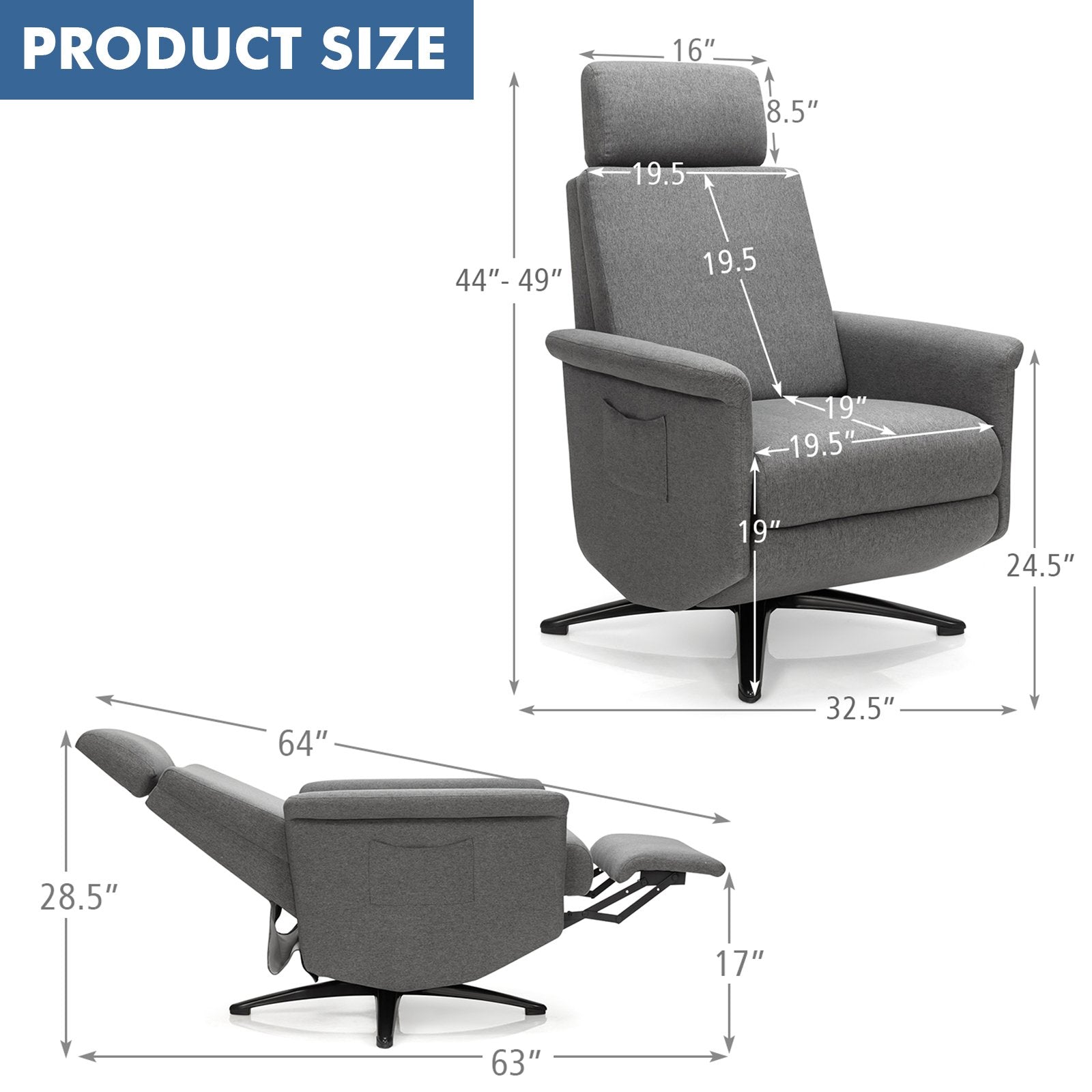 Swivel Massage Recliner Single Sofa with Adjustable Headrest, Gray Recliners   at Gallery Canada